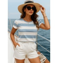 Kadın Mavi Beyaz Çizgili %100 Pamuk Bisiklet Yaka Tişört - Rahat Kesim Kısa Kollu Basic T-shirt