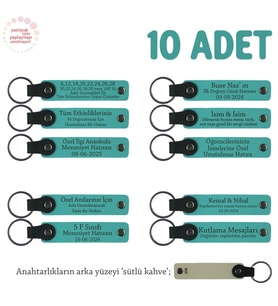 Anneler Günü İçin İsim Yazılı Hatıra Anahtarlık 10’lu Set, Koyu Turkuaz & Sütlü Kahve