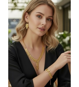 Vip Altın Kaplama Yaprak Küpe Bileklik Kolye Set - 26set14
