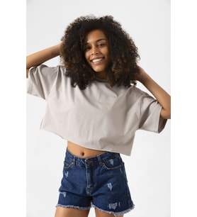 Basic Taş Rengi Oversize Crop Tshirt