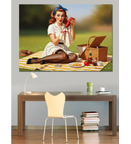 Piknikte Oturan Retro Kadın Dekoratif Kanvas - Mdf Ahşap Tablo
