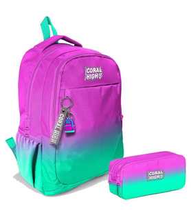 Coral High Kız Çocuk Pembe Su Yeşili Renk Geçişli İlkokul ve Ortaokul Sırt Çantası ve Kalemlik Seti