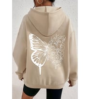 Unisex Drawing Butterflies Sırt Baskılı Sweatshirt (Bej)