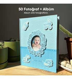 200 Fotoğraf Kapasiteli Bebek Albümü + 50 Fotoğraf Baskısı + Kapak Fotoğrafı -10x15 cm (Mavi)