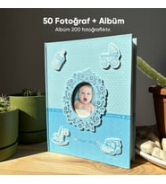 200 Fotoğraf Kapasiteli Bebek Albümü + 50 Fotoğraf Baskısı + Kapak Fotoğrafı -10x15 cm (Mavi)