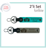 Anı Koleksiyoncularına, Kamera Desenli, Kişiye Özel 2’li Deri Anahtarlık Seti, Koyu Turkuaz-Kül Gri