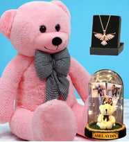 Büyük Boy Pembe Peluş Ayıcık, Kişiye Özel Led Işıklı Fanus ve Zümrüdü Anka Kuşu Kolye (Model 1)