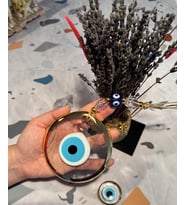El Yapımı Hediyelik Cam Nazar Boncuğu, Yaldızlı, Şeffaf 11 cm Duvar Süsü, ve Magnet (Sarı Geçişli)