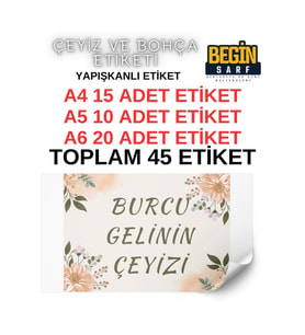 A4 A5 A6 45 Adet Çeyiz Bohça Koli Paket Etiketi Isme Özel Yapışlanlı Etiket 005