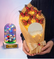 Kişiye Özel Renkli Işıklı Fanus ve Led Işıklı Aynalı Kırmızı Kelebek Buketi Hediye Seti (Model 7)