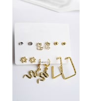 Yılan Kedi ve Yıldız Figürlü Gold Renkli Halka Tektaş ve Top Küpeli 6lı Unisex Küpe Seti