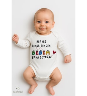 “Herkes Bıksa Benden, Dedem Bana Doyamaz” Uzun Kollu Bebek Zıbını %100 Pamuklu Çıtçıtlı Body 0-24 Ay (Beyaz)