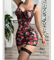 Intive Floral Siyah Çiçek Desenli Arkası Tamamen Bağlamalı Jartiyerli Mini Gecelik-Jartiyer Takım (Çok Renkli)