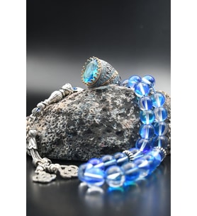 925 Ayar Gümüş Aquamarine (AQUA MARİN) Taşlı Erkek Yüzüğü Ve 33'lük Doğal Termal Kuvars Taşlı Tesbih 901402