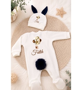 Kişiye Özel Erkek Bebek Tulum ve Bere – Balonlu Ayıcık Tasarımlı İsme Özel Bebek Giyim