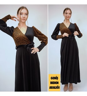 Kadın Leopar Detaylı İthal Kadife Kumaş Kuşaklı Maxi Elbise