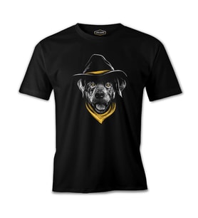 Dog Wearing a Hat and a Yellow Bandana Siyah Erkek Tshirt