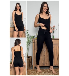 Kadın Siyah Renkli Dantel Detaylı Şortlu Ve Taytlı 3'lü Pijama Takımı 2022-75015