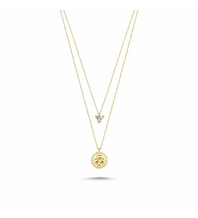 Altın Cemre Kolye 14K Papatyalı Taşlı Çift Zincirli
