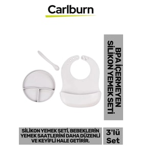 Özel Üretim BPA İçermeyen Kaymaz Önlük Diş Kaşıyıcı Kaşık Vakumlu Tabak 3’lü Silikon Gri Yemek Seti