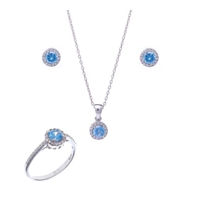 Mavi (Akuamarin) Zirkon Taşlı 925 Ayar Gümüş Kadın Üçlü Tektaş Set