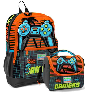 Coral High Erkek Çocuk İlkokul Okul Sırt Çantası ve Beslenme Çanta Seti - Turuncu Gamers