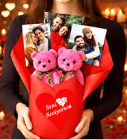Kişiye Özel Ayıcık Buketi Tutku Dolu Seni Çok Seviyorum Temalı 2’li Pembe Peluş Ayıcık ve 3 Adet Fotoğraflı Özel Hediye Buketi
