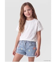 LCW Kids Ekru Bisiklet Yaka Nakışlı Dantelli Çocuk Tişört