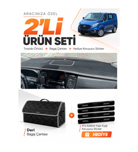 e-biz FORD TRANSİT CUSTOM (2016-2024) Uyumlu Torpido Örtüsü + Deri Bagaj Çantası - Siyah-Gri - FO034