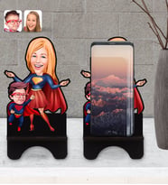 BK Gift Kişiye Özel Süper Anne Çocuk Karikatürlü Ahşap Biblo Telefon Standı-1