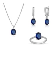 925 Ayar Gümüş Minimal Safir Oval Taşlı Takı Seti