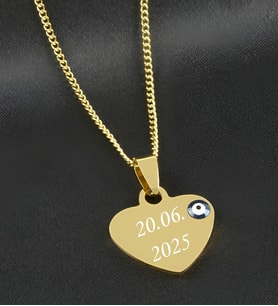 Kişiye Özel Tarih Yazılı Gold Çelik Kalp Kolye Nazar Boncuklu Hediye Altın Kaplama Yıl Dönümü Tarihli Kalp Kolye - Kararmaz