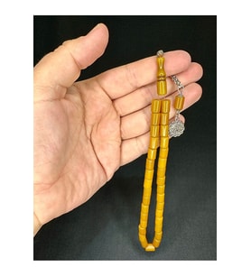 SEVGİLİYE ÖZEL HEDİYE ÇUBUK KEHRİBAR TESBİH KOYU SARI RENK KESME KESİM 7MM X 10MM H-1529.