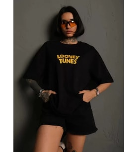 Unisex Bisiklet Yaka Baskılı Oversize T-Shirt - Siyah