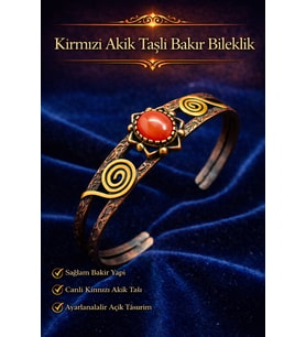 Kırmızı Akik Taşlı El Yapımı Antik Kadın Bakır Bileklik – Enerji, Koruma, Şifa & Çakra Dengesi