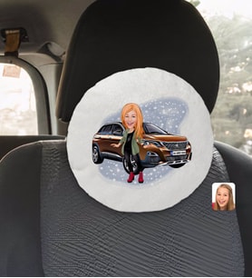 BK Gift Kişiye Özel Plakalı Kadın Peugeot 3008 Karikatürlü Yuvarlak Araç Koltuk Yastığı-2