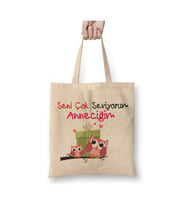 Seni Çok Seviyorum Anneciğim Anneler Günü Anneye Hediye Bez Çanta Alışveriş Çantası Plaj Çantası (Beyaz)