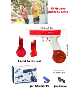 Şarjlı Tam Otomatik Su Tabancası 10 Metre Menzil 2 Yedek Hazneli Havuz Deniz Oyuncağı (Kırmızı)