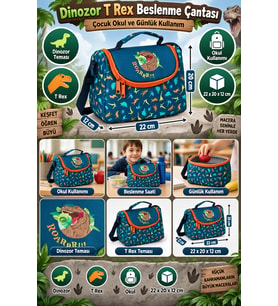 Jurassic World Dinozor T Rex Beslenme Çantası Çocuk Öğrenci Okul Yemek Çantası 22x20x12 cm