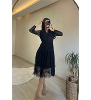 Neşeli butik kadın kruvaze yaka dantelli tül elbise NM010 (Siyah)