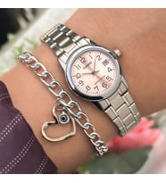 Casio Çelik Kordon,Gümüş Renk, Küçük Kasa, Pembe Kadran, Rakamlı Kadın Kol Saati+Bileklik