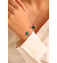 925 Ayar Gümüş Van Cleef 2 Lü Set Kolye Bileklik (Yeşil)