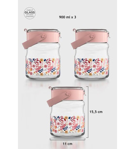 Renga Mono 900 ml Çiçek Desenli 3'lü Cam Kavanoz Seti 132065 Mavi (Pembe)