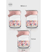 Renga Mono 900 ml Çiçek Desenli 3'lü Cam Kavanoz Seti 132065 Mavi (Pembe)