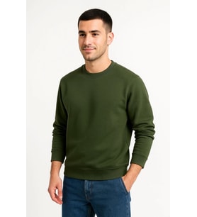 Erkek Üç İplik Düz Bisiklet Yaka SweatShirt - Haki