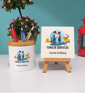 Temizlik Görevlisi Kalemlik ve Dekoratif Taş Baskı Hediye Seti