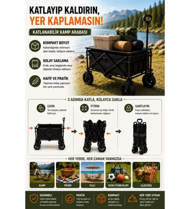 Katlanır Kamp Arabası 130 Kg Kapasiteli Üst Tablalı Kalın Tekerlekli Çok Amaçlı Taşıma Arabası