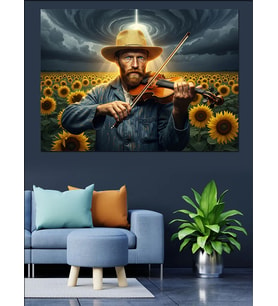 Çiçek Tarlasında Keman Çalan Van Gogh Dekoratif Kanvas - Mdf Ahşap Tablo