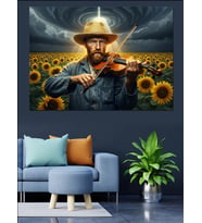 Çiçek Tarlasında Keman Çalan Van Gogh Dekoratif Kanvas - Mdf Ahşap Tablo