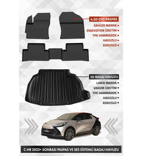 Sahler Toyota C-HR 2023 Sonrası Uyumlu 4.5D Premium Havuzlu Oto Paspas ve Liner SES SİSTEMLİ Bagaj Havuzu